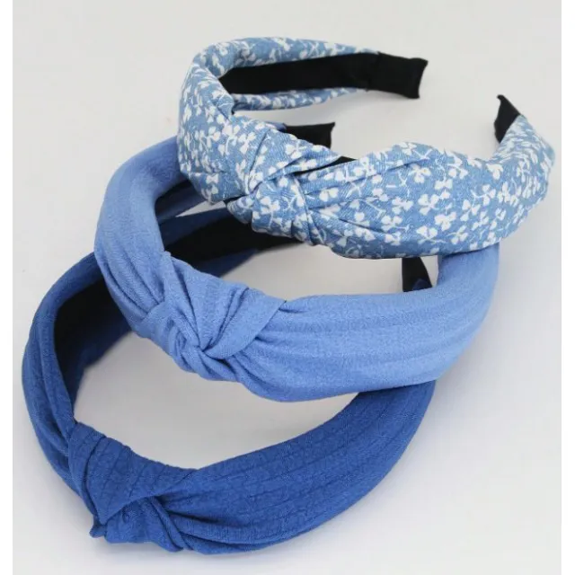 Komplet 3 obročkov za lase v modri jeans cvetlični kombinaciji